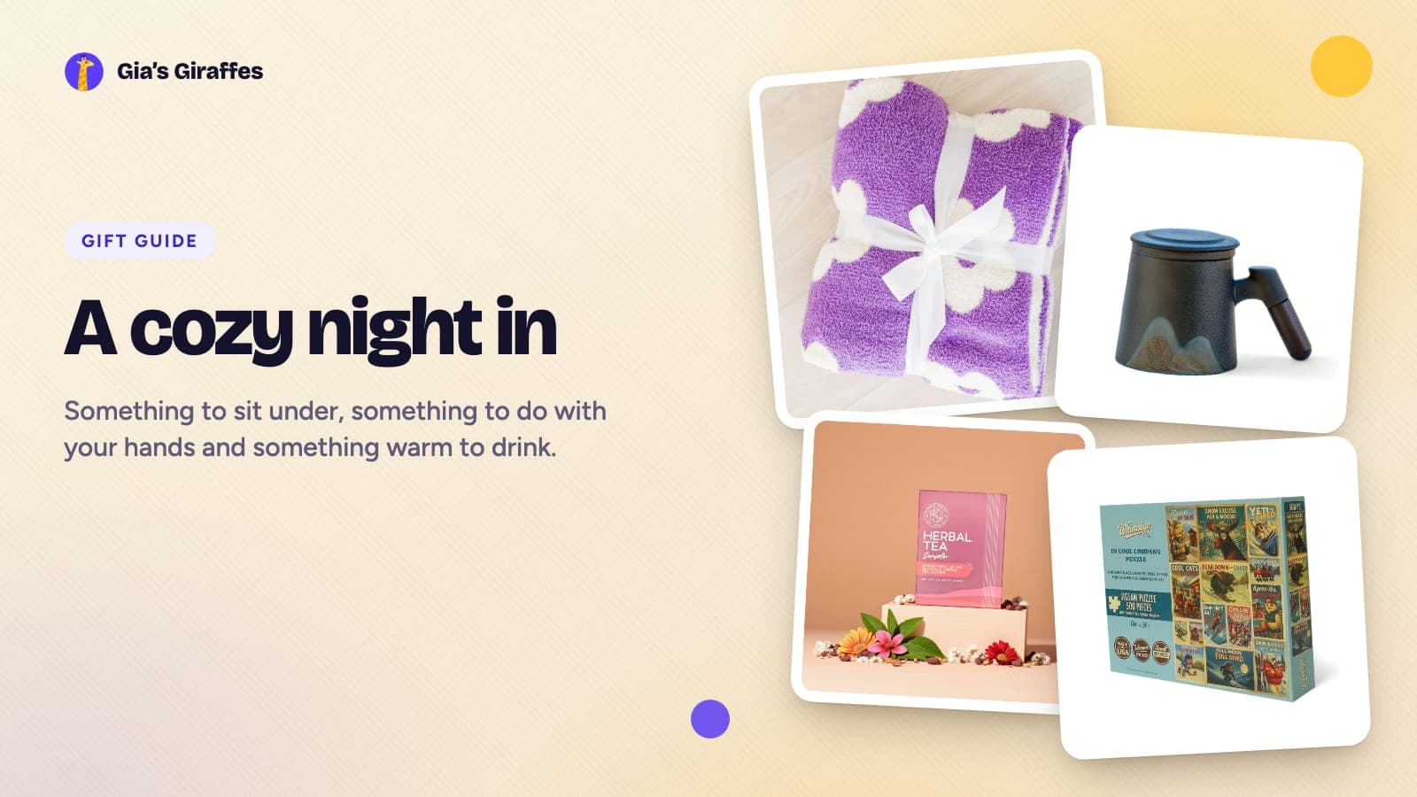 A cozy night in flat lay on a warm background: a flower-print throw blanket, a mountain tea steeping mug, an herbal tea sampler and a ski-poster jigsaw puzzle, captioned A cozy night in