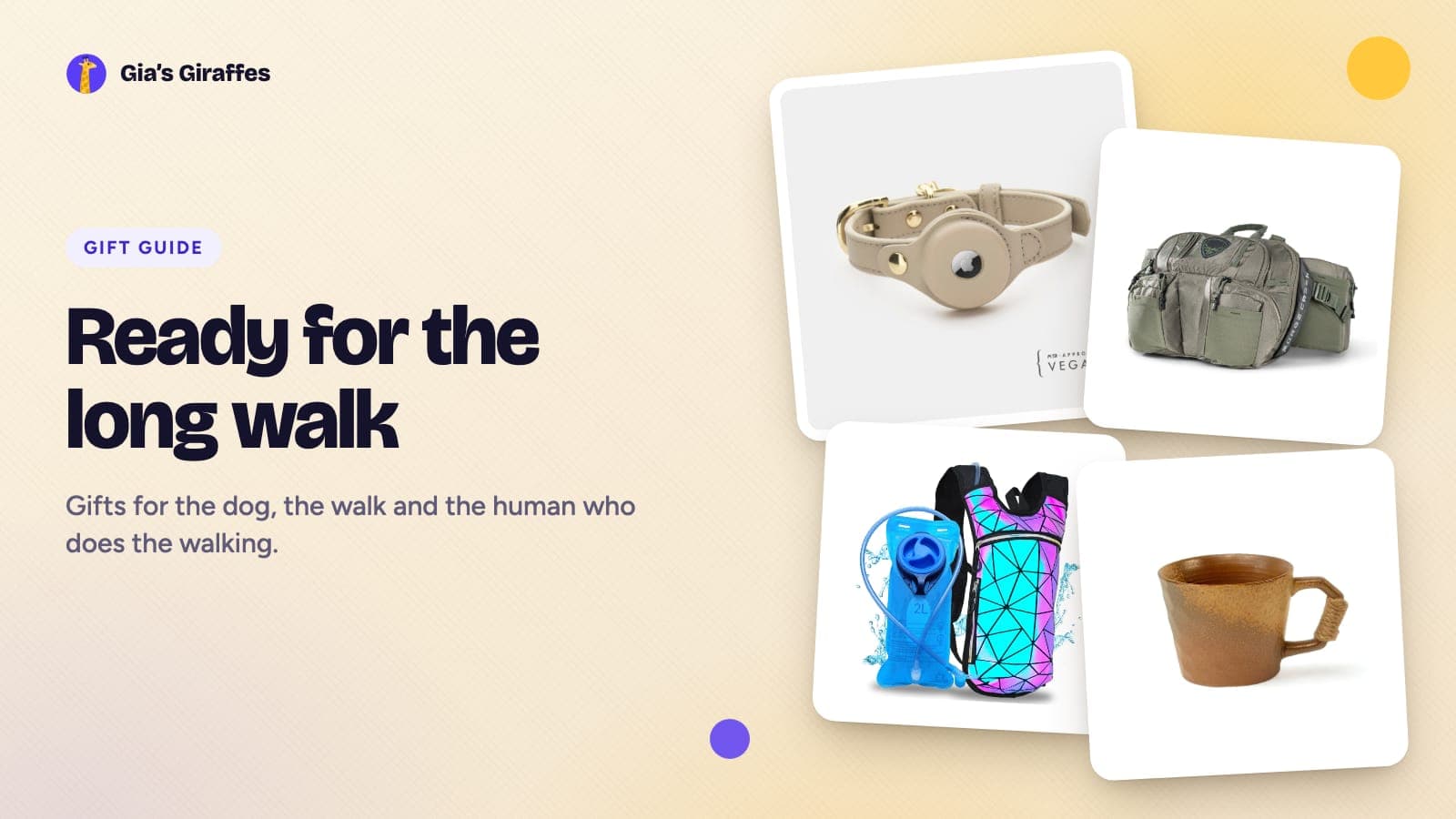 A dog walk flat lay on a warm background: a vegan leather dog collar, a waist pack, a small hydration backpack and a handmade ceramic mug, captioned Ready for the long walk