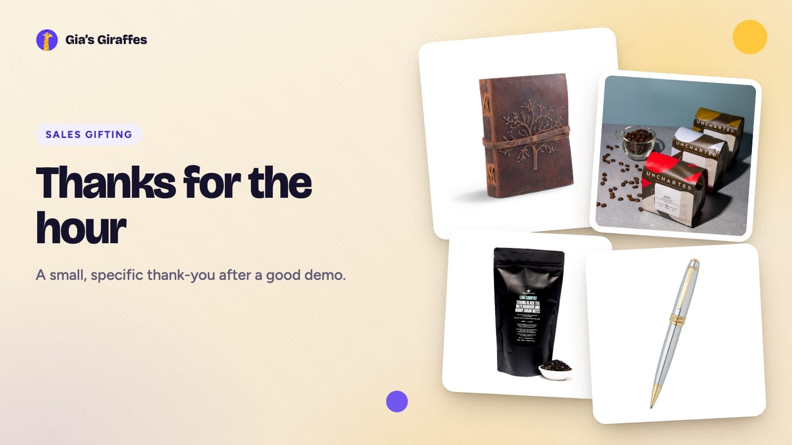 A thank-you gift flat lay on a warm background: a leather journal, a coffee gift set, a bag of loose leaf tea and a ballpoint pen, captioned Thanks for the hour