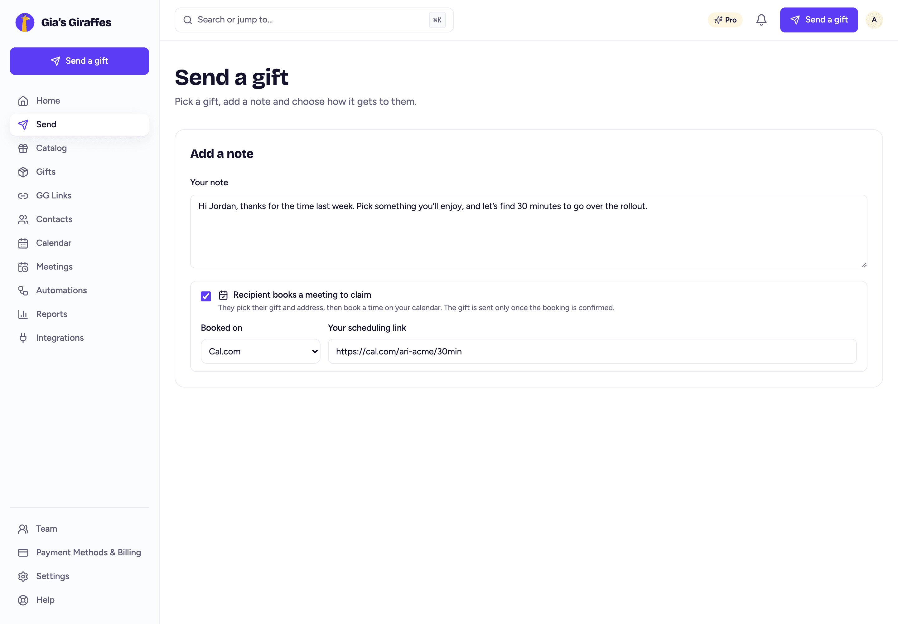 The send flow's note step with Recipient books a meeting to claim, Cal.com chosen and a Cal.com link