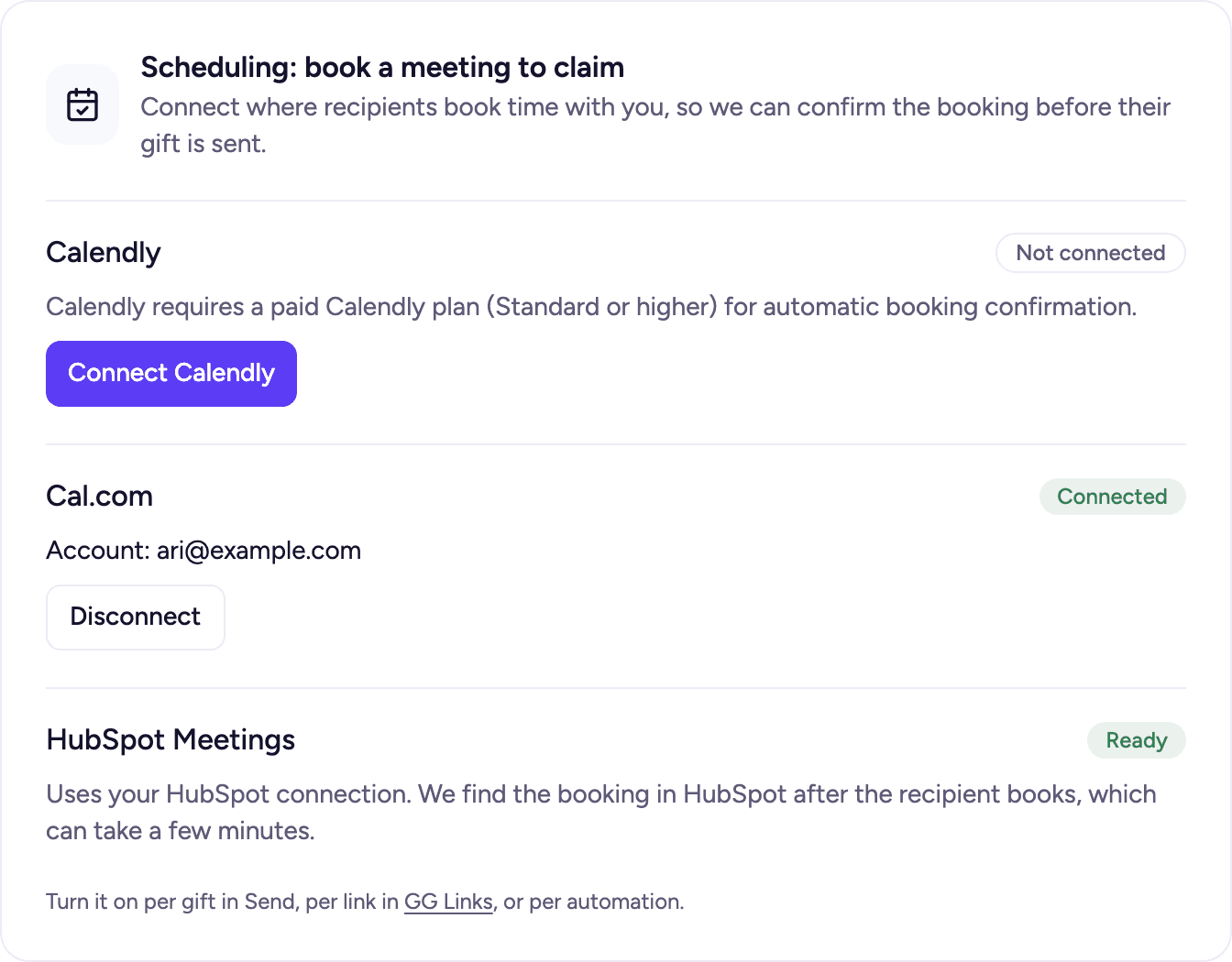 Cal.com connected, with the account and Disconnect