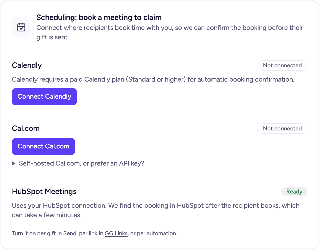 The Scheduling card in Settings with Connect Cal.com, and the API key option for self-hosted Cal.com