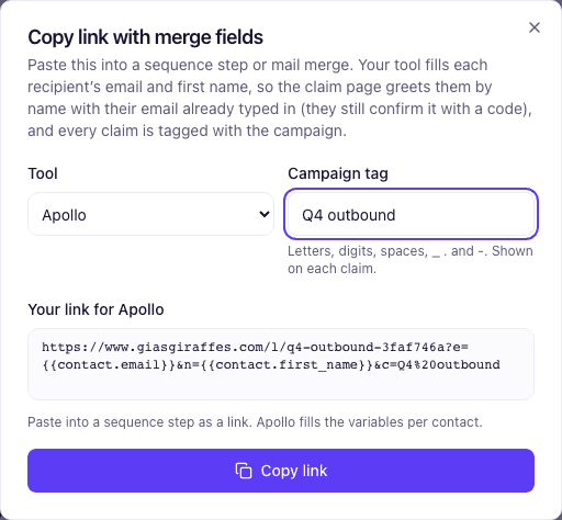 The Copy link with merge fields dialog with Apollo chosen: the campaign tag and the link with Apollo's variables for email and first name