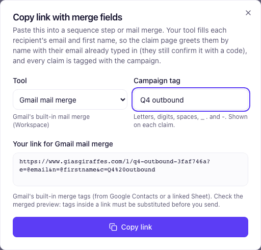 The Copy link with merge fields dialog with Gmail mail merge chosen: the link with @email and @firstname