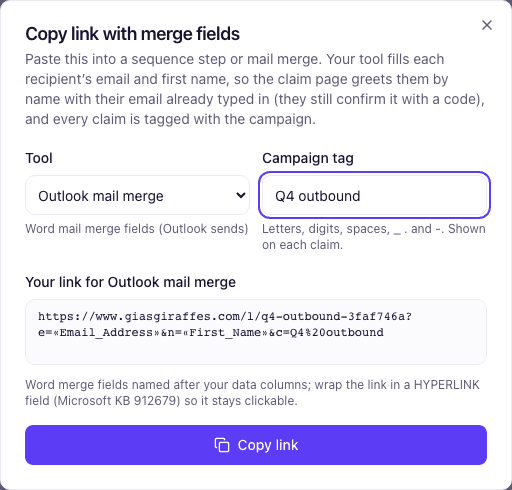 The same dialog with Outlook mail merge chosen: the link with Word merge fields and the HYPERLINK field hint