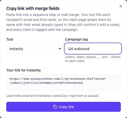 The Copy link with merge fields dialog with Instantly chosen: the campaign tag and the link with Instantly's variables for email and first name