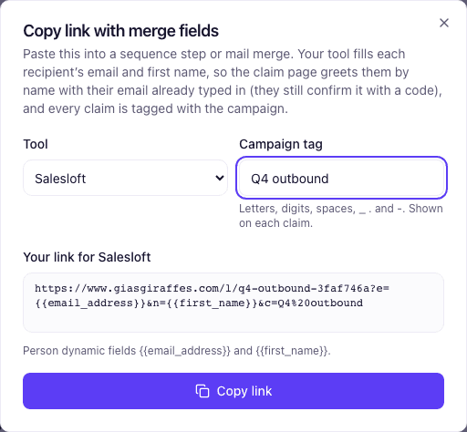 The Copy link with merge fields dialog with Salesloft chosen: the campaign tag and the link with Salesloft's variables for email and first name