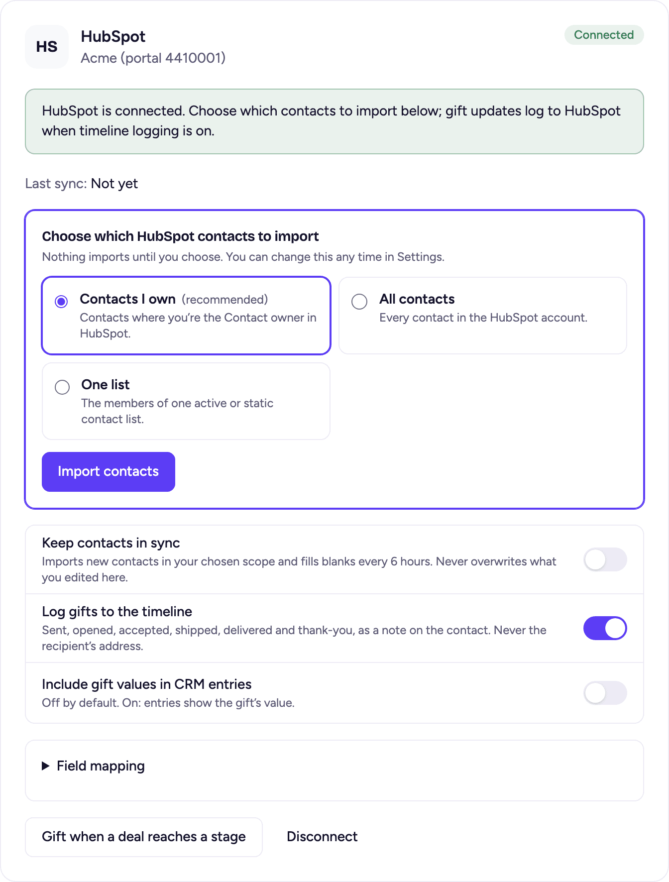 Right after connecting: choose which HubSpot contacts to import