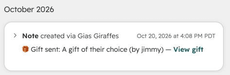 A gift note on a HubSpot contact's timeline, created via Gia's Giraffes