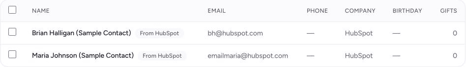 Two imported HubSpot contacts in Gia's Giraffes Contacts, marked From HubSpot