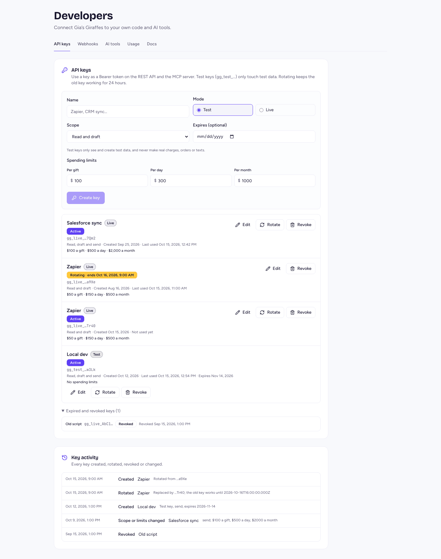 Settings → Developers → API keys: name, Test or Live, scope, expiry and spending limits