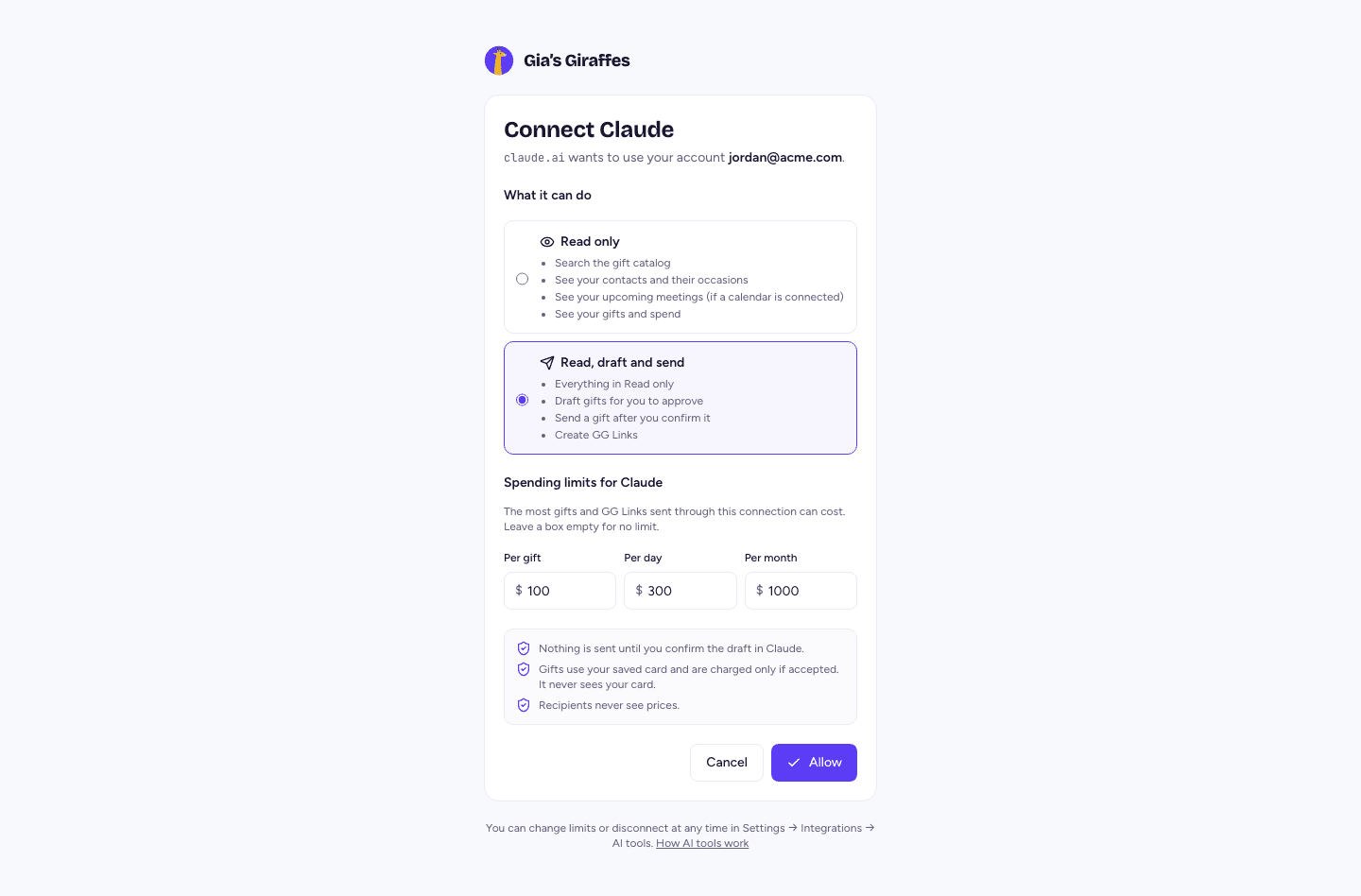The consent screen: what the assistant can do, its spending limits, then Allow