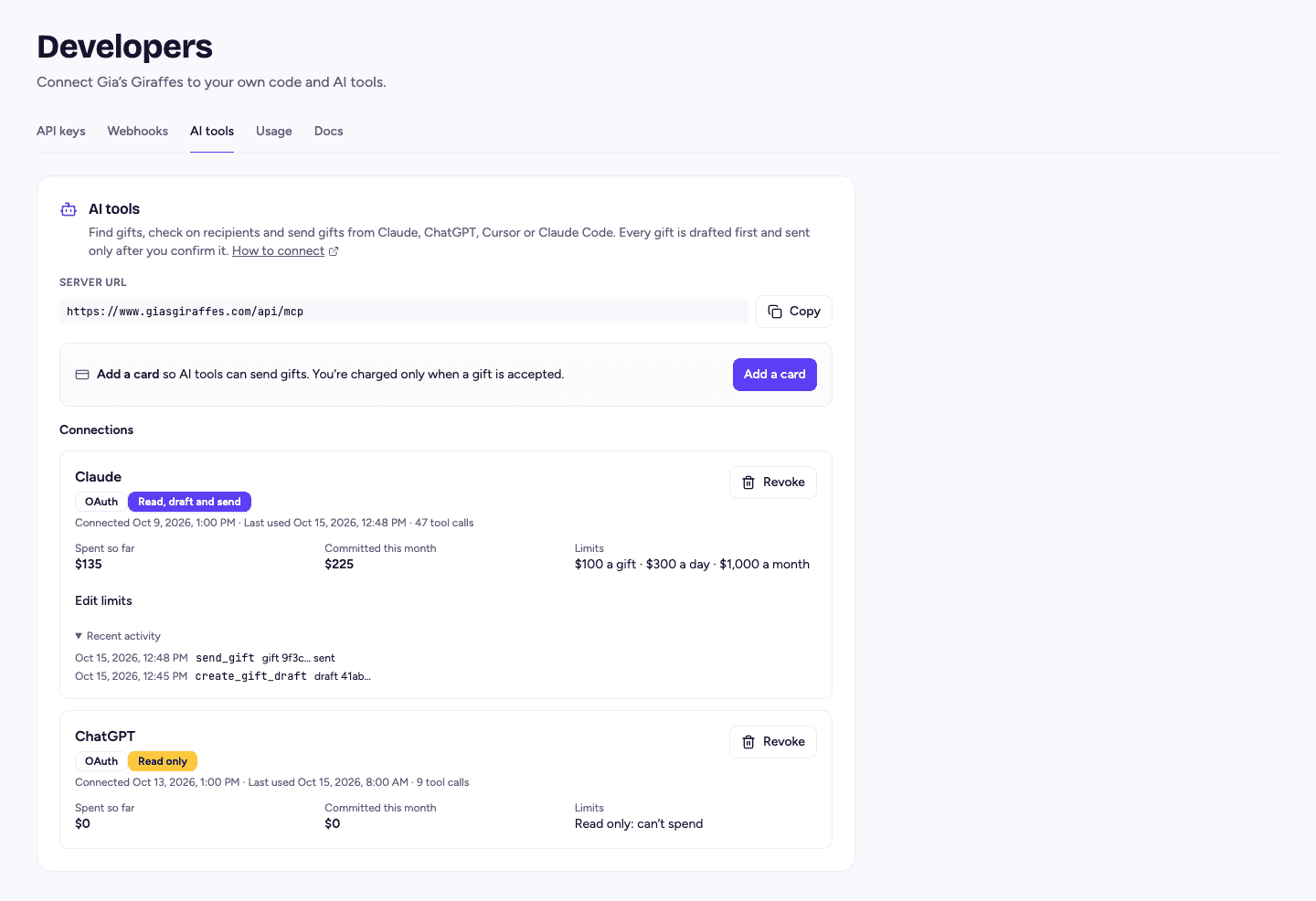 Settings → Developers → AI tools: each connection with its access, spend, limits and recent activity, and a Revoke button