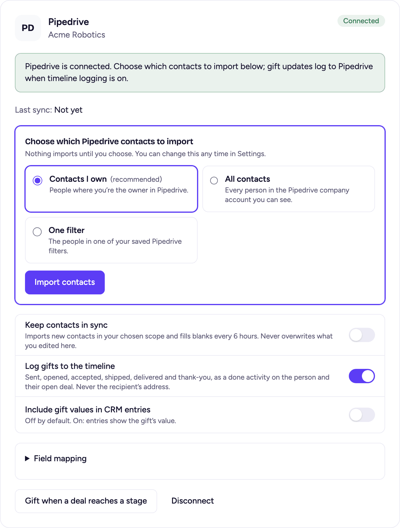 Right after connecting: choose which Pipedrive people to import