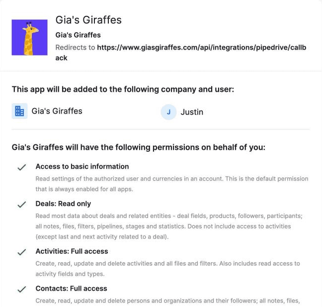 Pipedrive's install screen for Gia's Giraffes, with the company and user it's added to and the four permissions