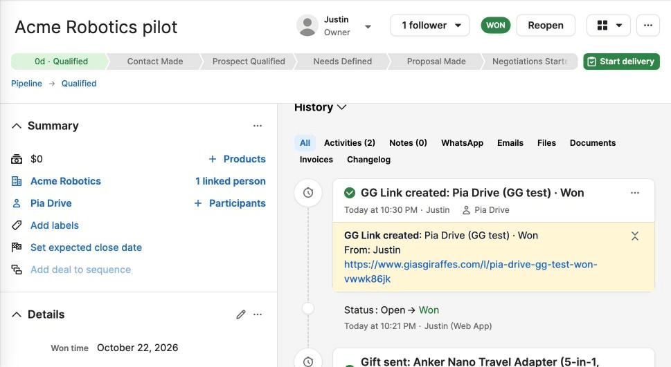 A won Pipedrive deal with two done activities from Gia's Giraffes: GG Link created, with the link, and Gift sent