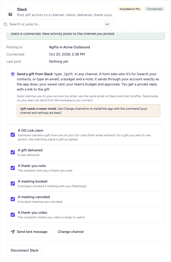 Slack connected: the channel, the events that post, and Send test message
