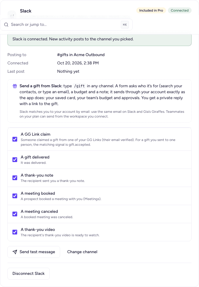 The /gift command ready on the Slack card