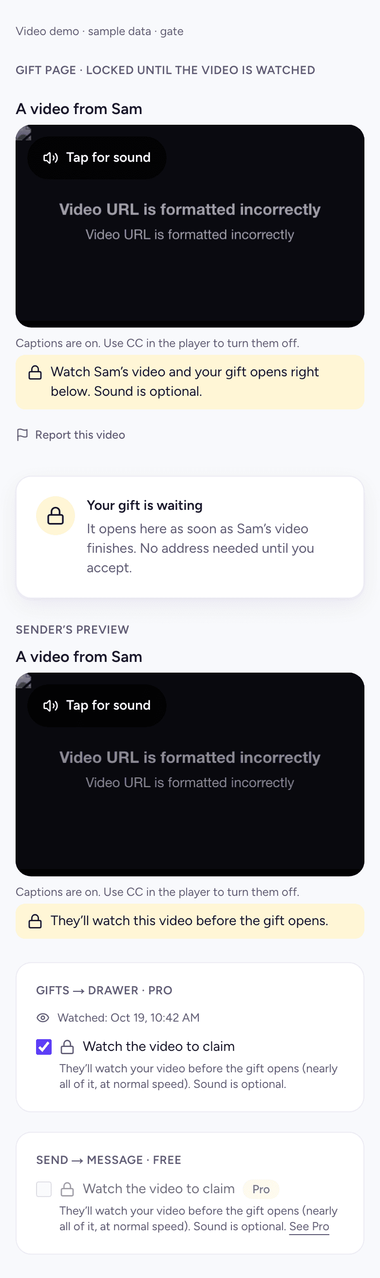 A locked gift waiting for the recipient to watch the video