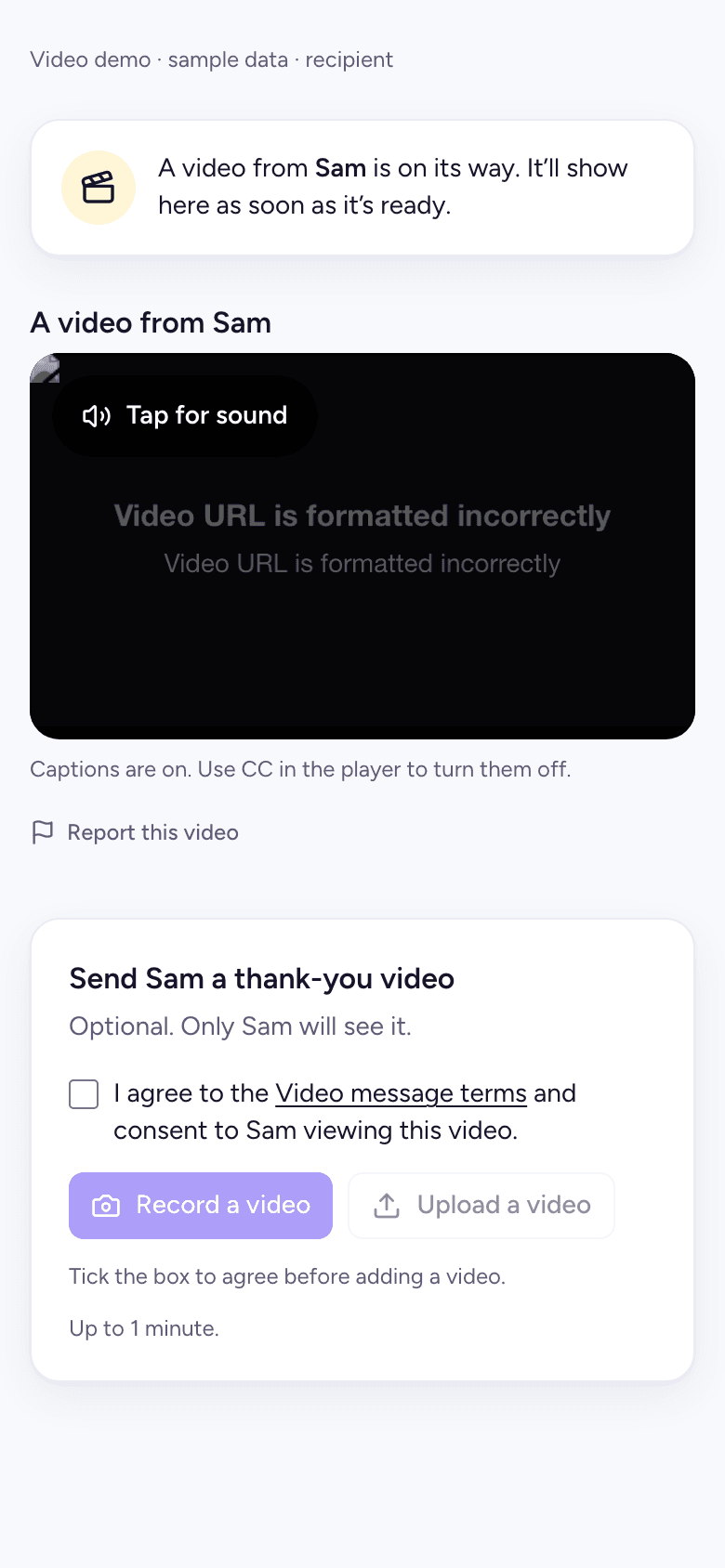 The gift page on a phone, with the video, captions and Tap for sound