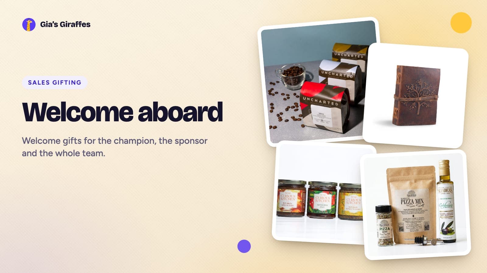 A welcome gift flat lay on a warm background: a coffee gift set, a leather journal, a charcuterie condiment set and a pizza-making kit, captioned Welcome aboard