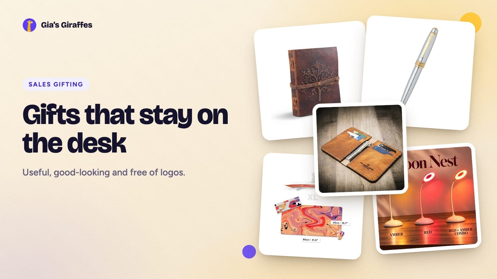 A desk flat lay on a warm background: a leather journal, a ballpoint pen, a leather wallet, a deskmat and a table lamp, captioned Gifts that stay on the desk