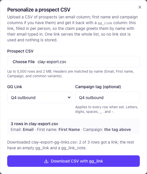 Personalize a prospect CSV: the file came back with a gg_link for each row with a valid email