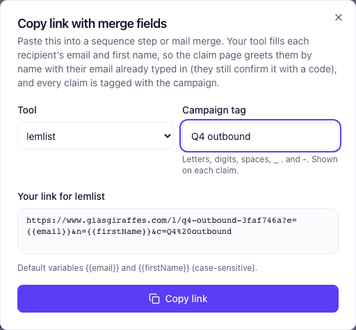 The Copy link with merge fields dialog with lemlist chosen: the campaign tag and the link with lemlist's variables for email and first name