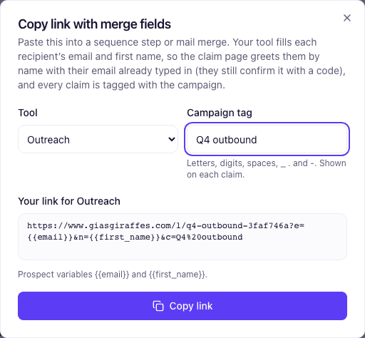 The Copy link with merge fields dialog with Outreach chosen: the campaign tag and the link with Outreach's variables for email and first name