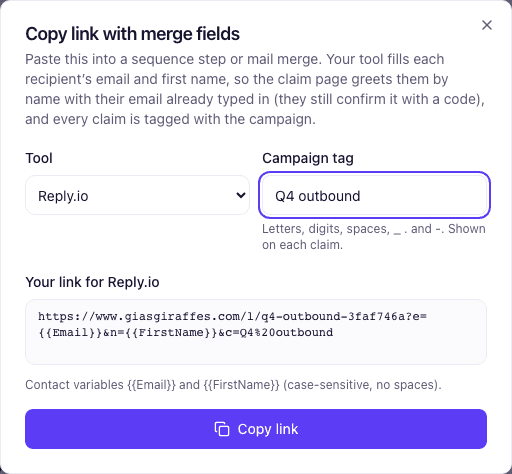 The Copy link with merge fields dialog with Reply.io chosen: the campaign tag and the link with Reply.io's variables for email and first name