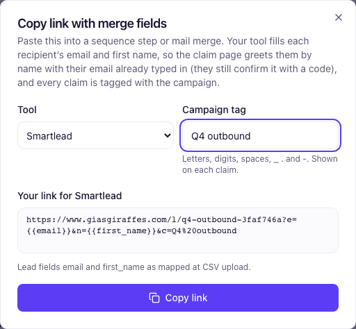The Copy link with merge fields dialog with Smartlead chosen: the campaign tag and the link with Smartlead's variables for email and first name