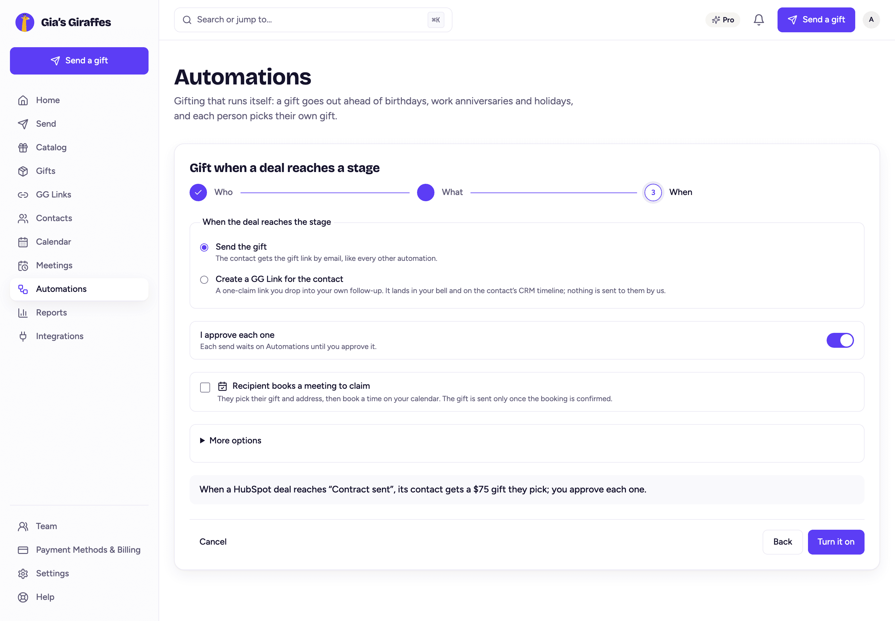 Step 3: approval on by default, the meeting option, and the summary
