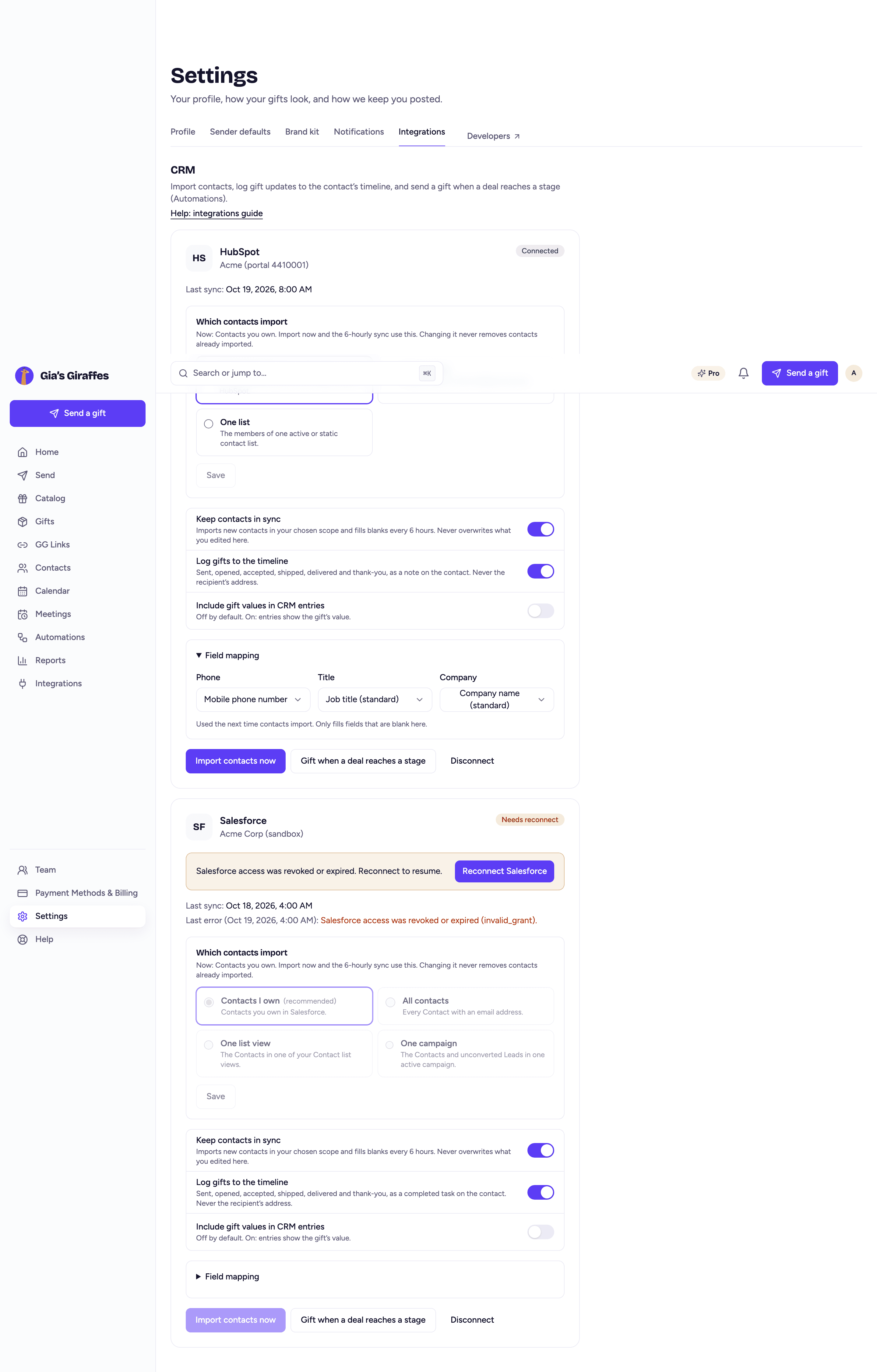 HubSpot connected in Settings, with sync toggles and field mapping