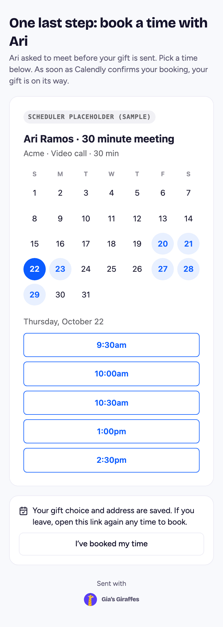 The prospect's booking step, on a phone