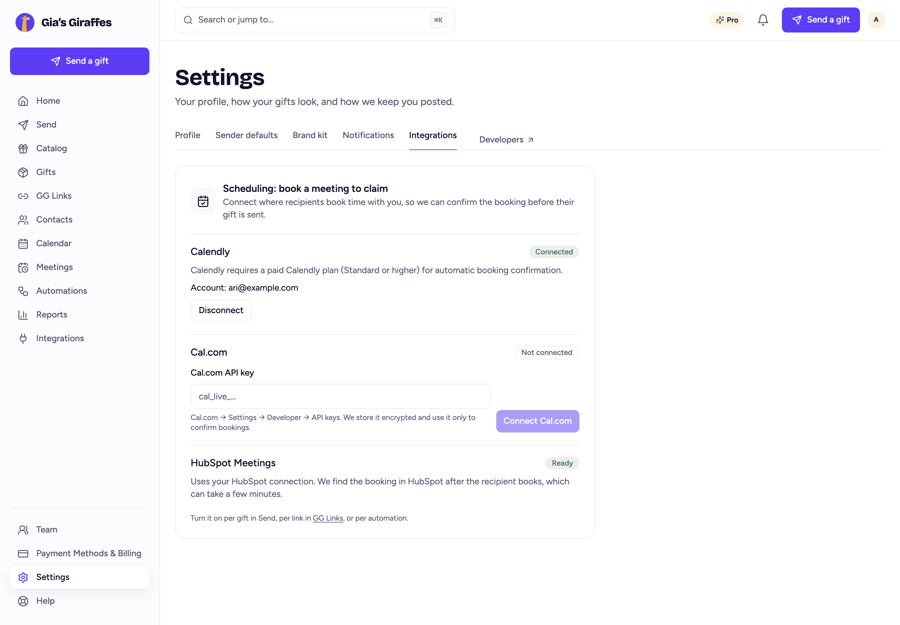 Scheduling settings: Calendly connected, Cal.com API key, HubSpot Meetings ready