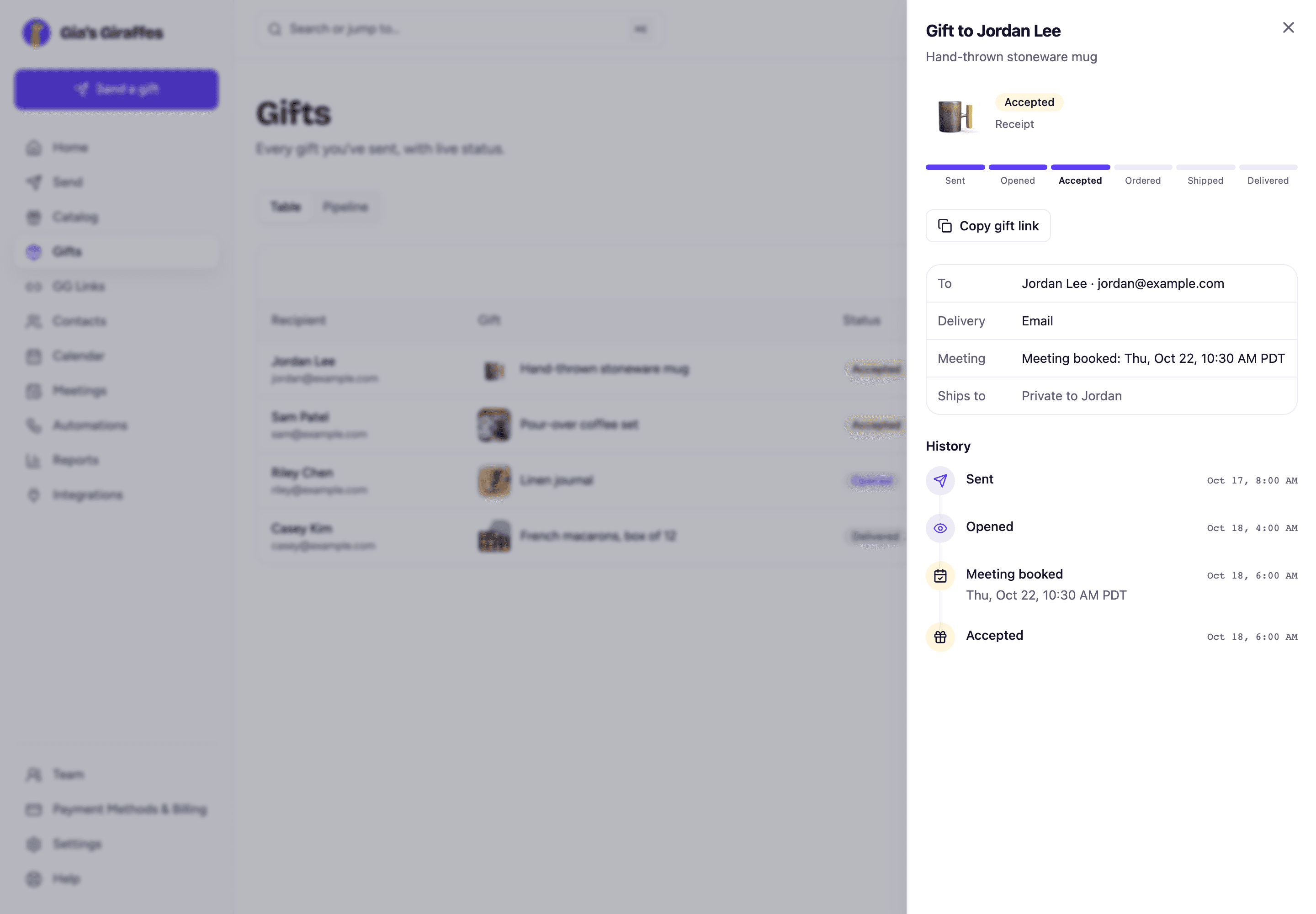 Gifts: meeting booked, with the booking in History