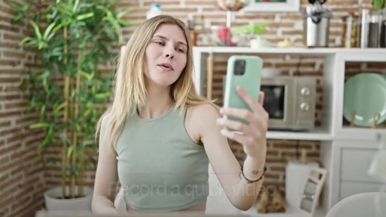 A person in a kitchen holds up a phone and talks to it, recording a video message.