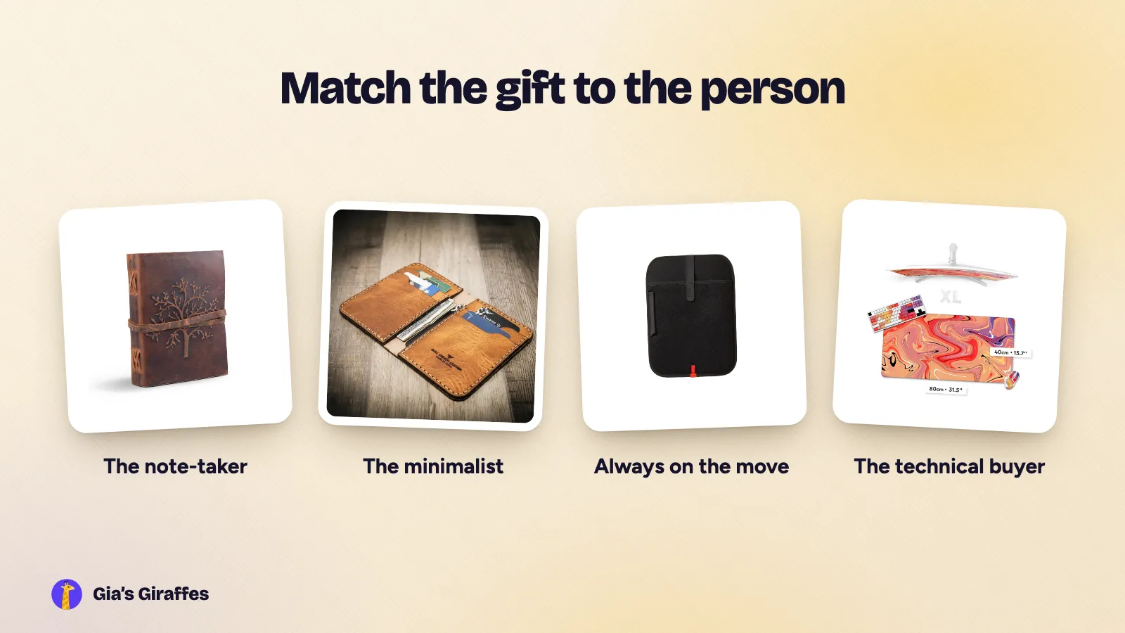 A styled scene matching desk gifts to buyers: a journal for the note-taker, a slim wallet for the minimalist, a laptop sleeve for the one always on the move and a deskmat for the technical buyer