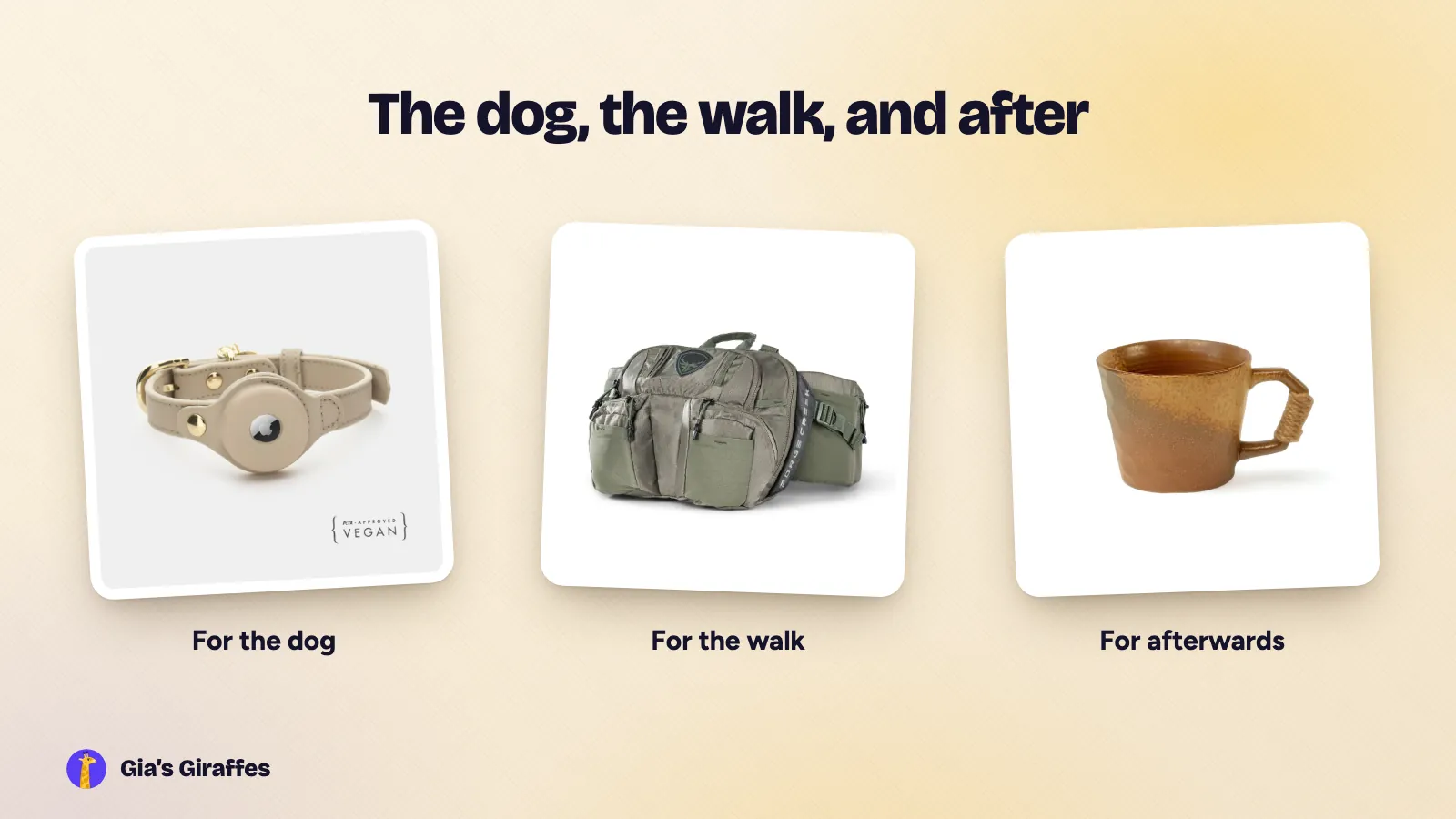 A styled scene on a warm background showing a dog lover’s day in three steps: a collar for the dog, a waist pack for the walk and a ceramic mug for afterwards