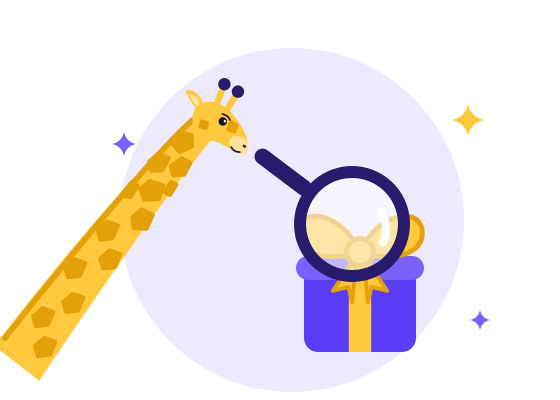 A giraffe inspecting a gift box through a magnifying glass